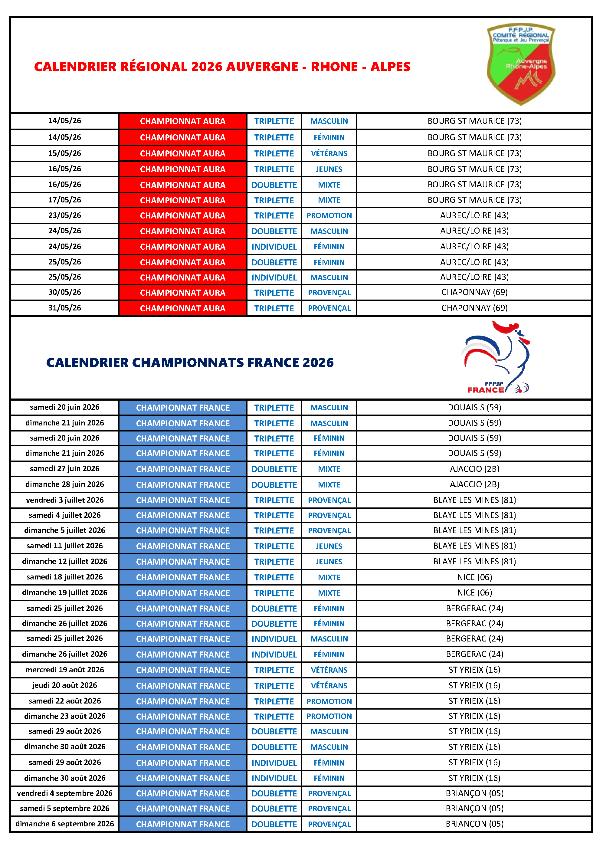 CALENDRIER CHAMPIONNATS REG NAT 2026